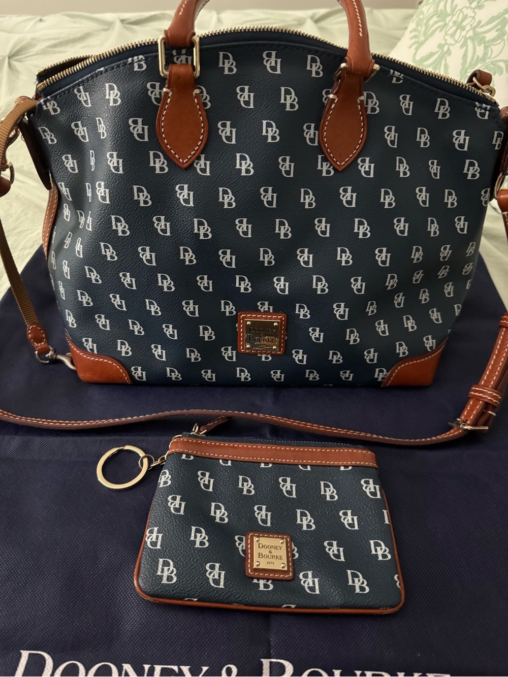 Dooney & Bourke Gretta Navy Dome Logo Satchel with Brown Leather Handels & Trim